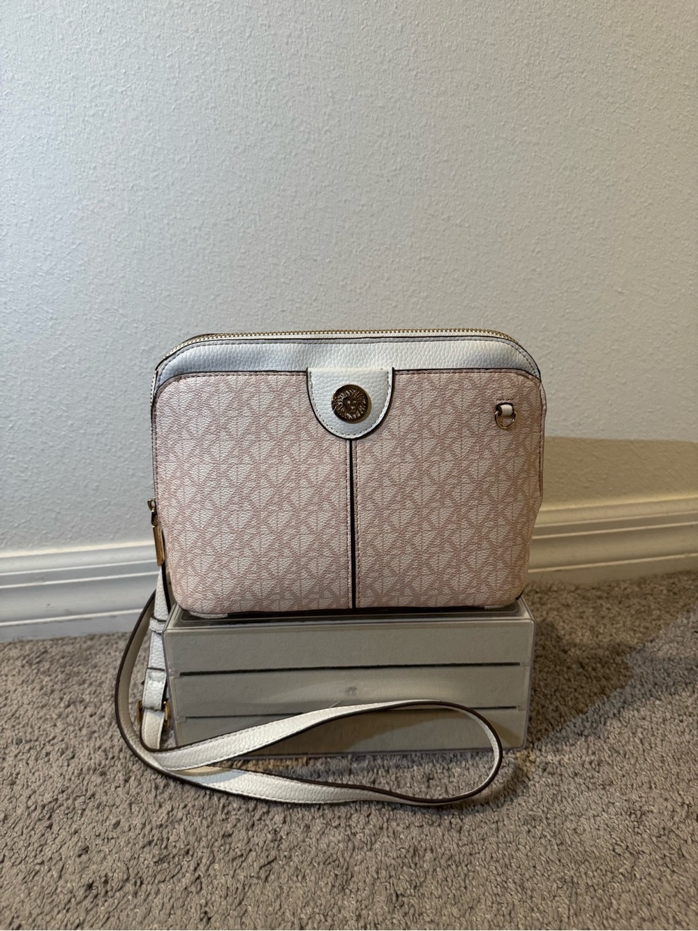 Anne Klien Pink and White I Logo Crossbody Bag